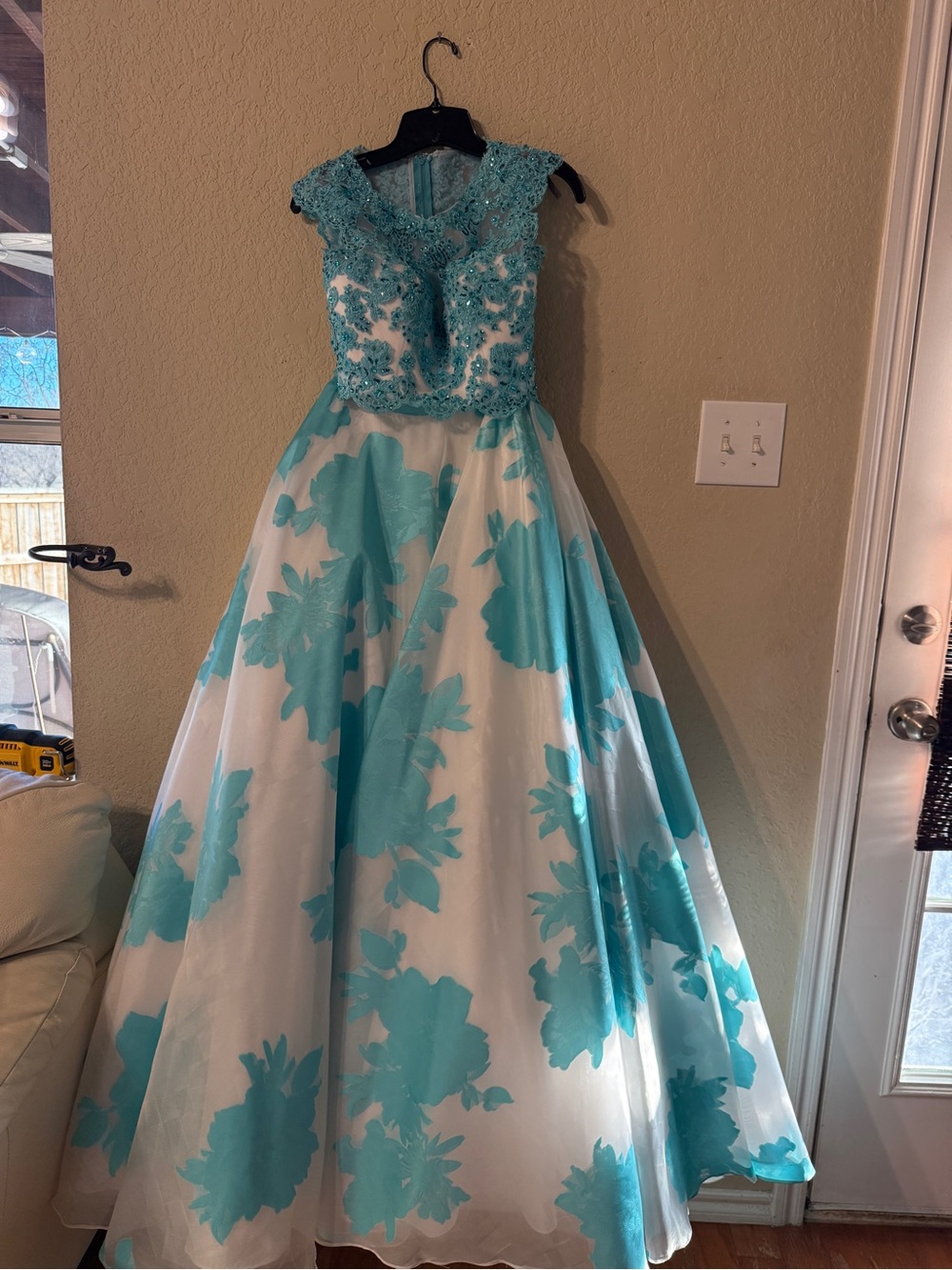 Aqua Floral Ball Gown with Beaded Bodice